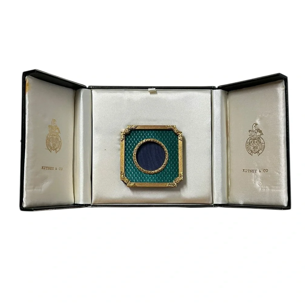 Antique Kitney & Co Guilloche Enamel Frame Green Gold Gilded Boxed 2.25in